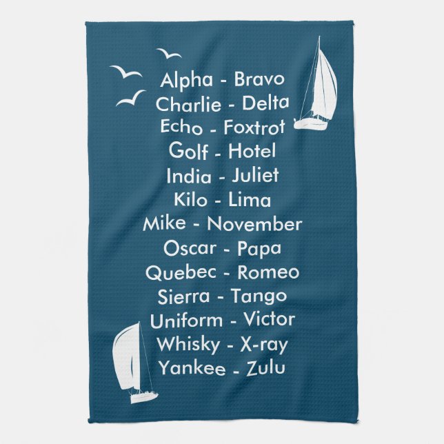 Phonetic Alphabet Ocean Blue Sailing Kökshandduk (Vertikal)