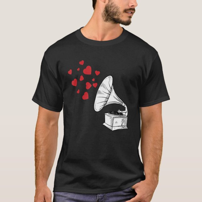 Phonograph Heart Notes Valentines day Cute Music L T Shirt (Framsida)