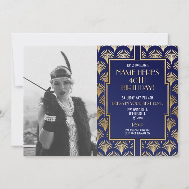 Photo 1920's Art Deco Birthday Gatsby Party Guld Inbjudningar (Framsida)