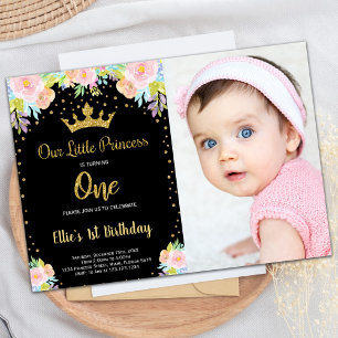Photo 1st Black Blommigt Princess Birthday Inbjudningar