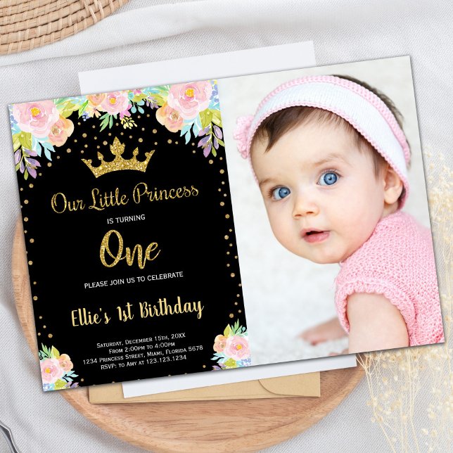 Photo 1st Black Blommigt Princess Birthday Inbjudningar (Photo 1st Black Floral Princess Birthday Invitation)