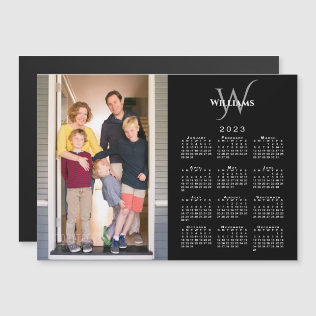 Photo 2023 Calendar Monogram Namn Black Magnet (Fram/baksida)