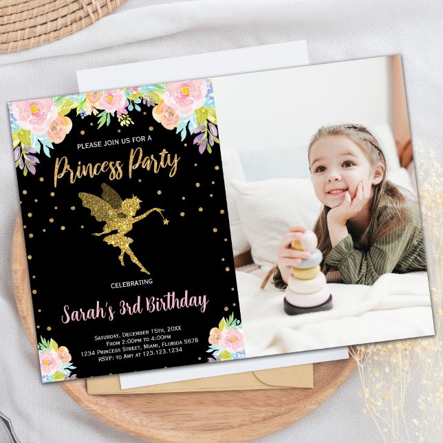 Photo 3rd Black Blommigt Princess Birthday Inbjudningar (Photo 3rd Black Floral Princess Birthday Invitation)