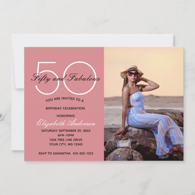 Photo 50 och Fabulous Rosa Birthday-inbjudan Inbjudningar (Framsida)