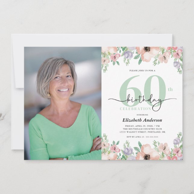 Photo 60th Birthday Party Pastel Floral  Inbjudningar (Framsida)