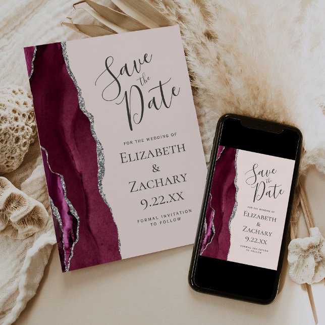 Photo Agate Burgundy Silver Blush Save the Date Inbjudningar (Skapare uppladdad)