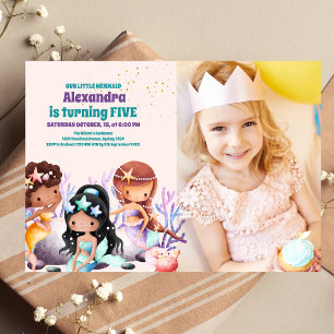 Photo Aqua Grönt Guld Little Sjöjungfru Birthday Inbjudningar