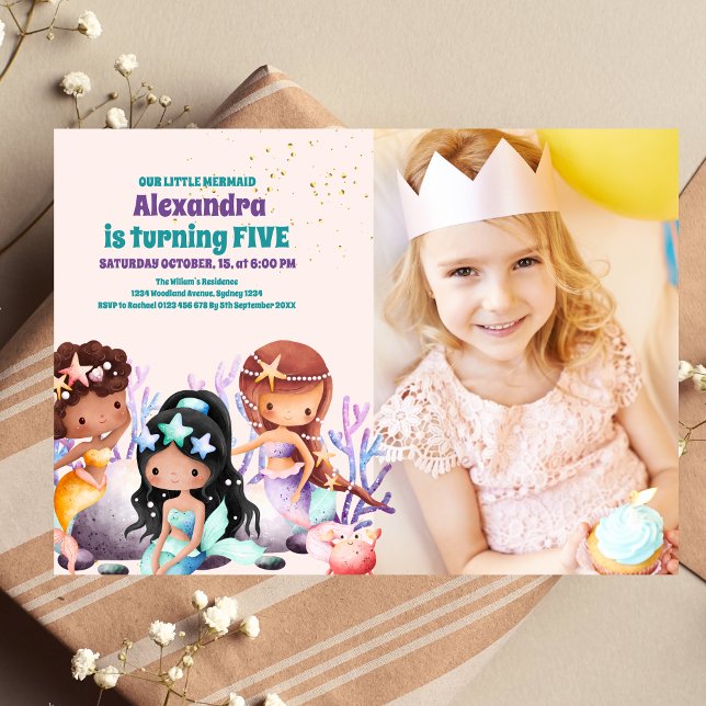 Photo Aqua Grönt Guld Little Sjöjungfru Birthday Inbjudningar (Skapare uppladdad)
