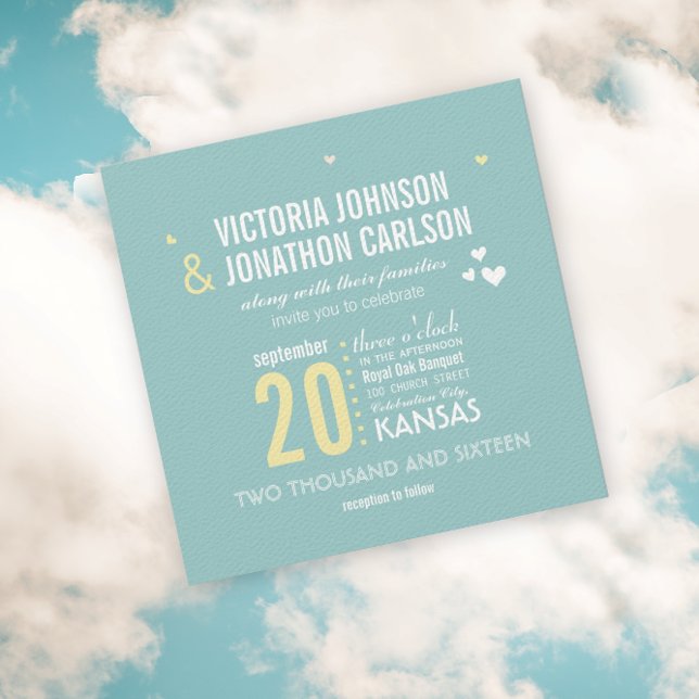 Photo Aqua och Gult Zig Zag Typography Bröllop Inbjudningar (Skapare uppladdad)