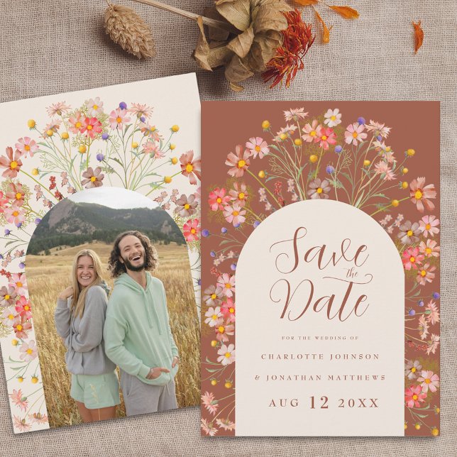 Photo Arch Boho Fall Rustic Wildblomma Bröllop Spara Datumet (Arch photo boho fall rustic wildflower terracotta burnt orange & beige wedding save the date invite)