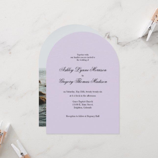 Photo Arch Shaped Lavender Wedding Invitation Inbjudningar (Fram/Back In Situ)