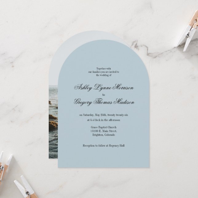 Photo Arch Shaped teal Wedding Invitation Inbjudningar (Fram/Back In Situ)