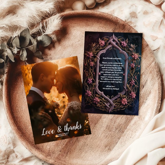 Photo Art nouveau Blommigt Gothic Halloween Bröllo Tack Kort (Skapare uppladdad)