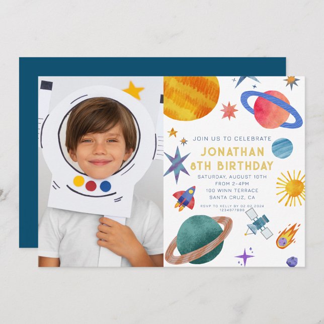 Photo Astronaut Planets Space Boy Birthday Inbjudningar (Skapare uppladdad)