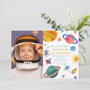 Photo Astronaut Planets Space Boy Birthday Inbjudningar