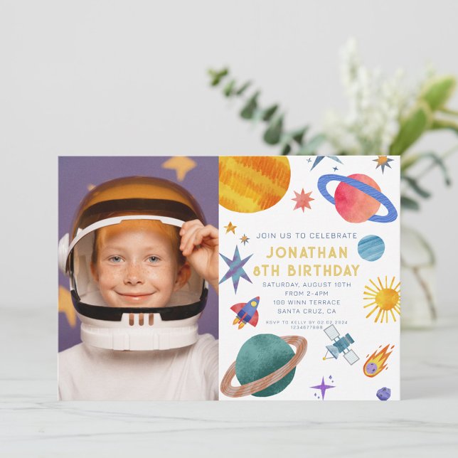 Photo Astronaut Planets Space Boy Birthday Inbjudningar (Skapare uppladdad)