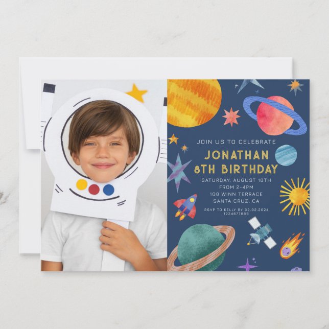 Photo Astronaut Planets Space Boy Birthday Inbjudningar (Framsida)