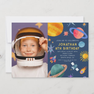 Photo Astronaut Planets Space Boy Birthday Inbjudningar