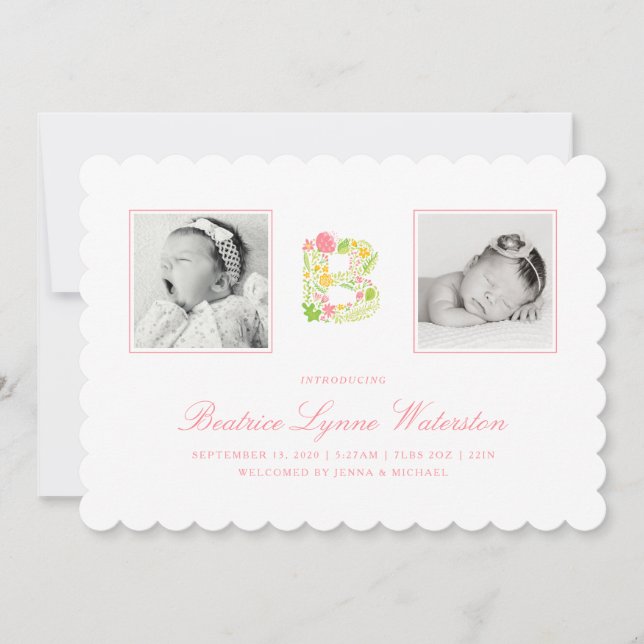 PHOTO BABY ANNOUNCEMENT | Blommigt Alphabet B Tack Kort (Framsida)