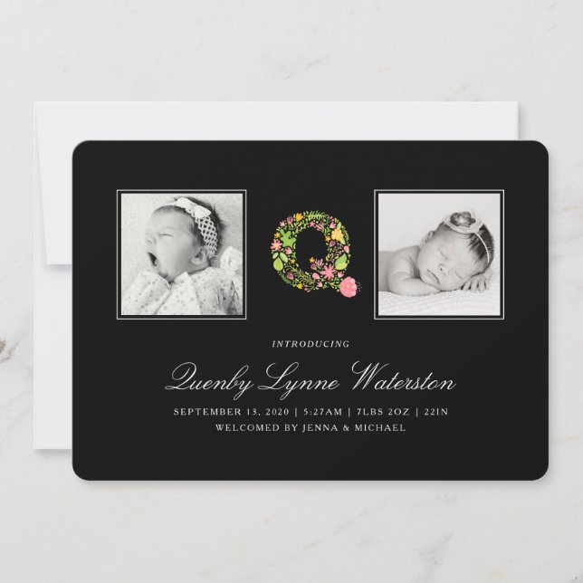 PHOTO BABY ANNOUNCEMENT | Blommigt Alphabet Q Tack Kort (Framsida)