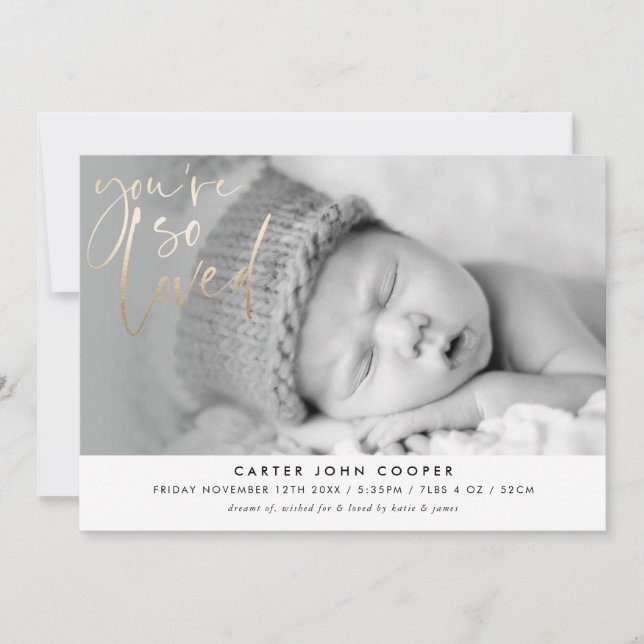 PHOTO BABY ANNOUNCEMENT du är så älskad guld Meddelande (Framsida)