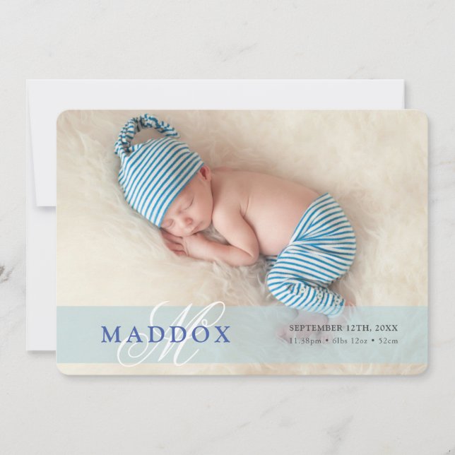 PHOTO BABY ANNOUNCEMENT initial overlay boyblått Meddelande (Framsida)