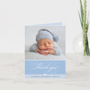 PHOTO BABY elegant finare calligraphy boyblå Tack Kort