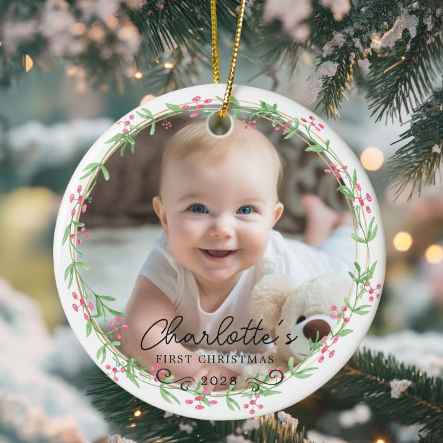 Photo Baby Första jul - Cute Rustic Wandec Julgransprydnad Keramik (Photo - Baby's First Christmas - Cute Rustic Wreath Ceramic Ornament.)