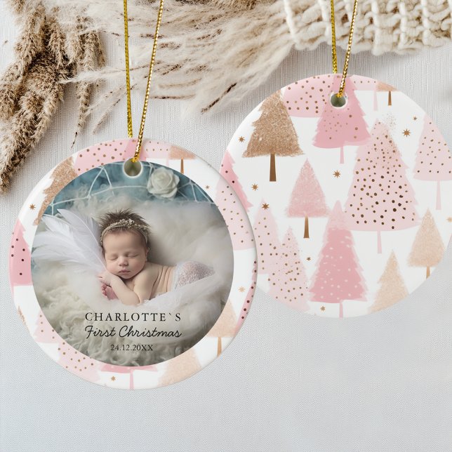 Photo Baby Första jul - Rosa Julgran Julgransprydnad Keramik (Photo Baby's First Christmas - Pink Christmas Tree Ceramic Ornament)