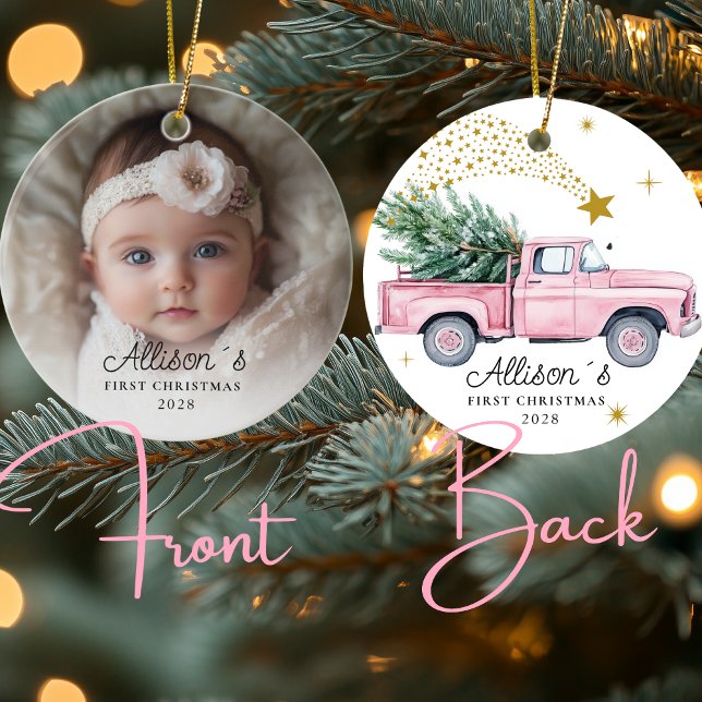 Photo Baby Första jul - Rosa Lastbil Julgransprydnad Keramik (Photo Baby's First Christmas - Pink Truck with Christmas tree & Stars Ceramic Ornament)