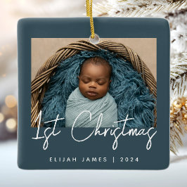 Photo Baby Första jul Teal Blue Julgransprydnad Keramik