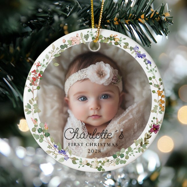 Photo Baby Första julen - Cute Blommigt Wand Julgransprydnad Keramik (Photo Baby's First Christmas - Cute Floral Wreath Ceramic Ornament)