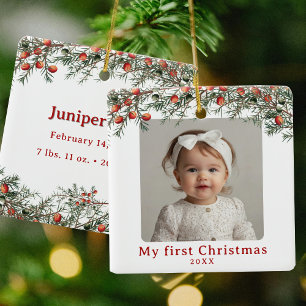 Photo Baby Första julhelgen Vintage Botaniskt Julgransprydnad Keramik