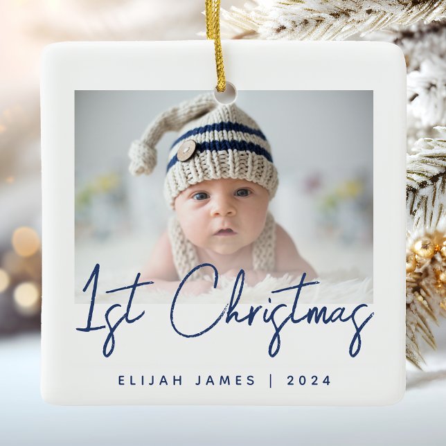 Photo Baby Första julmarblå skrift Julgransprydnad Keramik (Skapare uppladdad)