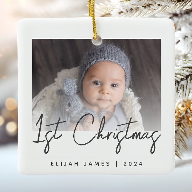 Photo Baby första julskript Grått Ceramic Julgransprydnad Keramik (Skapare uppladdad)