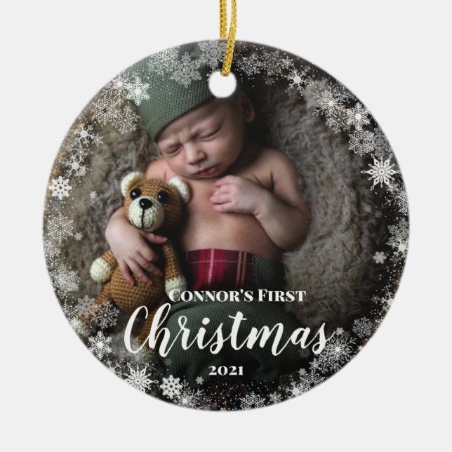 Photo Baby Namn Första jul Snowflake Ram Julgransprydnad Keramik (Framsidan)