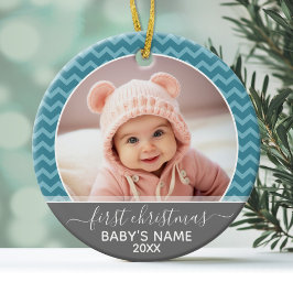 Photo Babys First jul - Blue chevrons grått Julgransprydnad Keramik