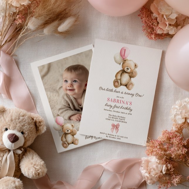 Photo Balloations för Nalle av flickor 1:a födelse Inbjudningar (Girl Beary 1st Birthday Teddy Bear Photo Balloons Invitation)