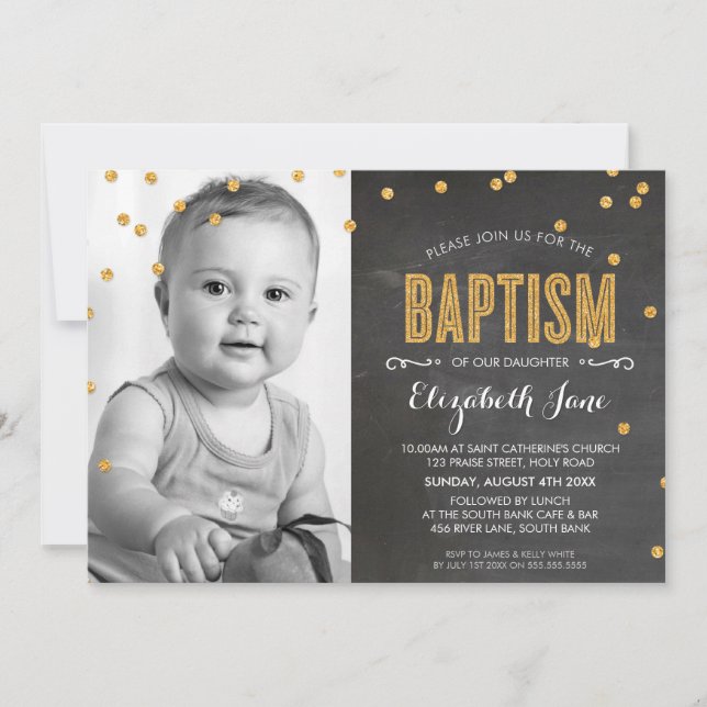 PHOTO BAPTISM guld glitter konetti chalkboard Inbjudningar (Framsida)