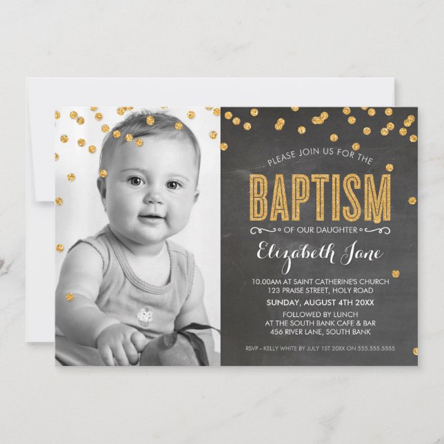 PHOTO BAPTISM guld glitter konetti Inbjudningar (Framsida)