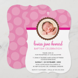 PHOTO BAPTISM INBJUDAN söt polka mönster rosa