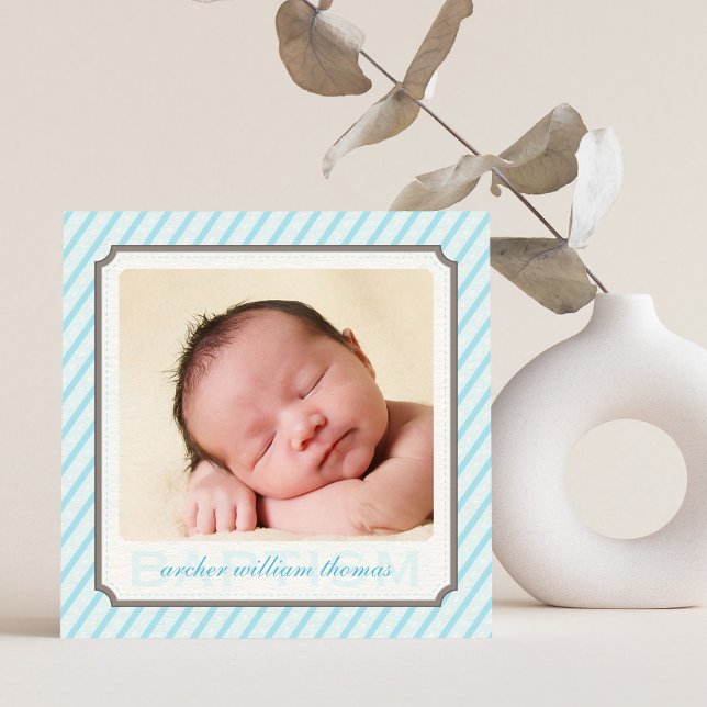 PHOTO BAPTISM modern vintage candy stripes blue Inbjudningar (Skapare uppladdad)