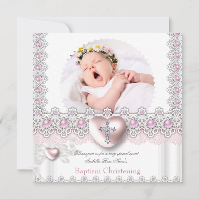 Photo Baptism Rosa Silver Heart Kor Girl Pearl 2 Inbjudningar (Framsida)