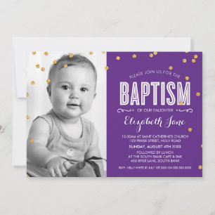 PHOTO BAPTISM söt guld glitter-konfetti-lila Inbjudningar