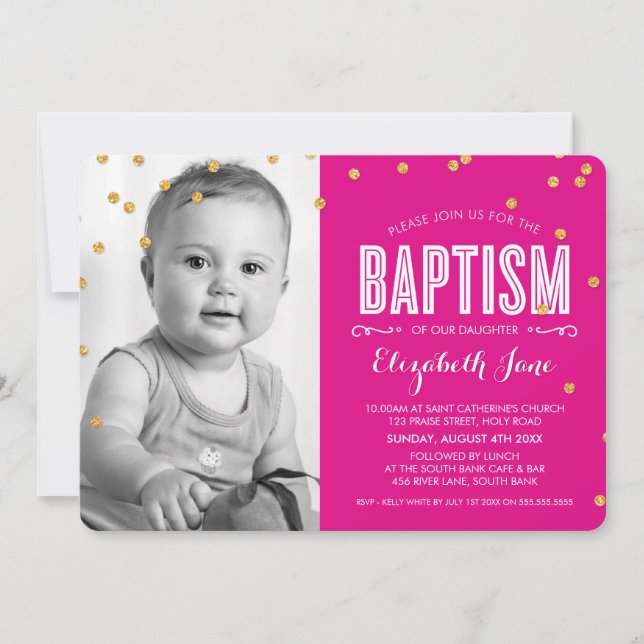 PHOTO BAPTISM söt guld glitter-konfetti shock rosa Inbjudningar (Framsida)