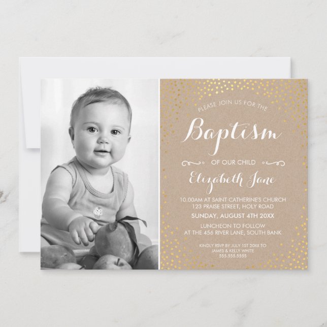 PHOTO BAPTISM söt mini guld konetti vit kraft Inbjudningar (Framsida)