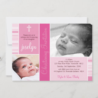 PHOTO BAPTISM söt stripe essence mönster rosa Inbjudningar