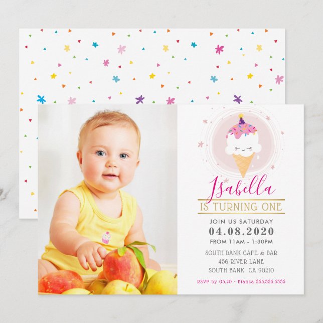 PHOTO BARNS FÖDELSEDAG PARTY färglös söt glass Inbjudningar (Fram/baksida)