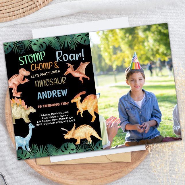 Photo Barwon Black Glitter Dinosaur Birthday Inbjudningar (Photo Barwon Black Glitter Dinosaur Birthday Invitation)