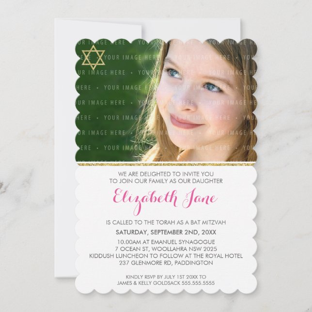 PHOTO BAT MITZVAH rand guld glitter rosa Inbjudningar (Framsida)